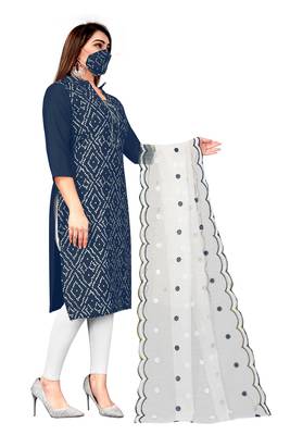 Kimisha Women's Navy Blue Cotton Slub Unstitched Dress Material With Mask 3