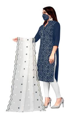 Kimisha Women's Navy Blue Cotton Slub Unstitched Dress Material With Mask 4