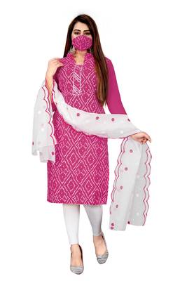 Kimisha Women's Pink Cotton Slub Unstitched Dress Material With Mask 1