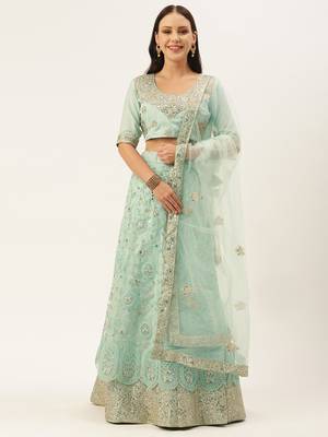 Divaastha Turquoise Blue Embroidered Sequinned Tie and Dye Semi-Stitched Lehenga With Unstitched Blouse 1