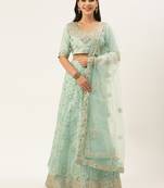 Divaastha Turquoise Blue Embroidered Sequinned Tie and Dye Semi-Stitched Lehenga With Unstitched Blouse