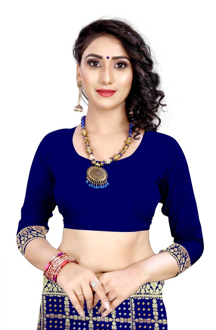 blue polyester embroidered saree with blouse