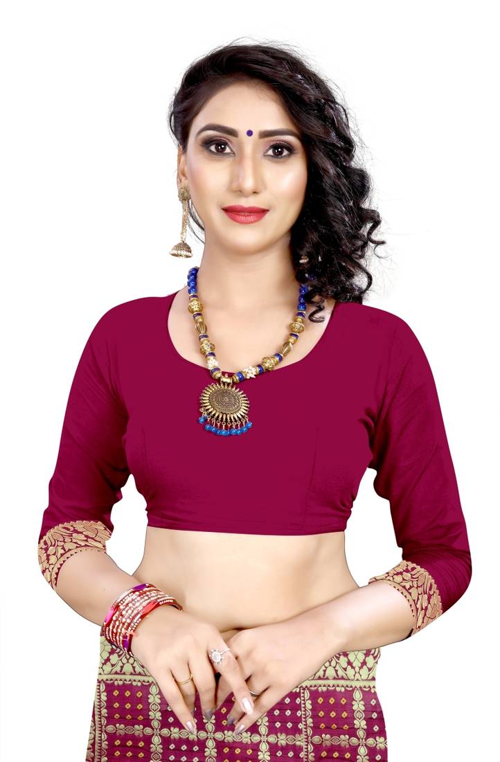 maroon polyester embroidered saree with blouse