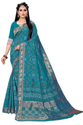 blue cotton embroidered saree with blouse 1