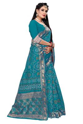 blue cotton embroidered saree with blouse 3