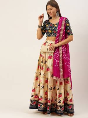 Multicoloured Printed Semi-Stitched Lehenga & Unstitched Blouse With Dupatta 1