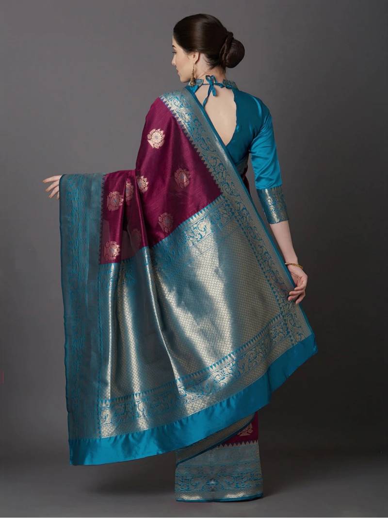 blue silk embroidered saree with blouse
