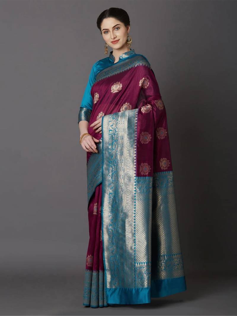 blue silk embroidered saree with blouse