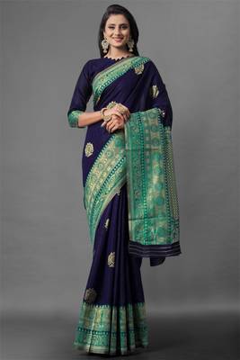 blue silk embroidered saree with blouse 1