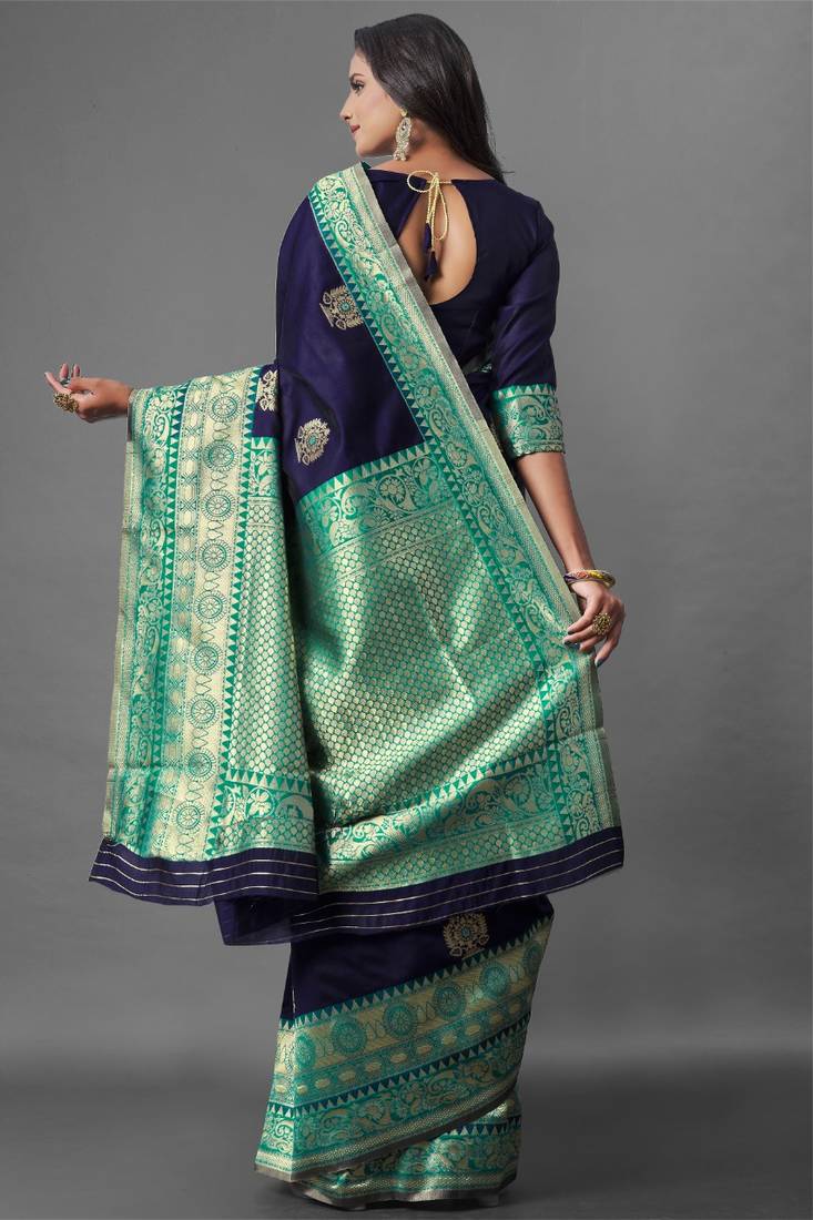 blue silk embroidered saree with blouse