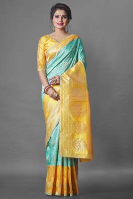 Teal silk embroidered saree with blouse 1