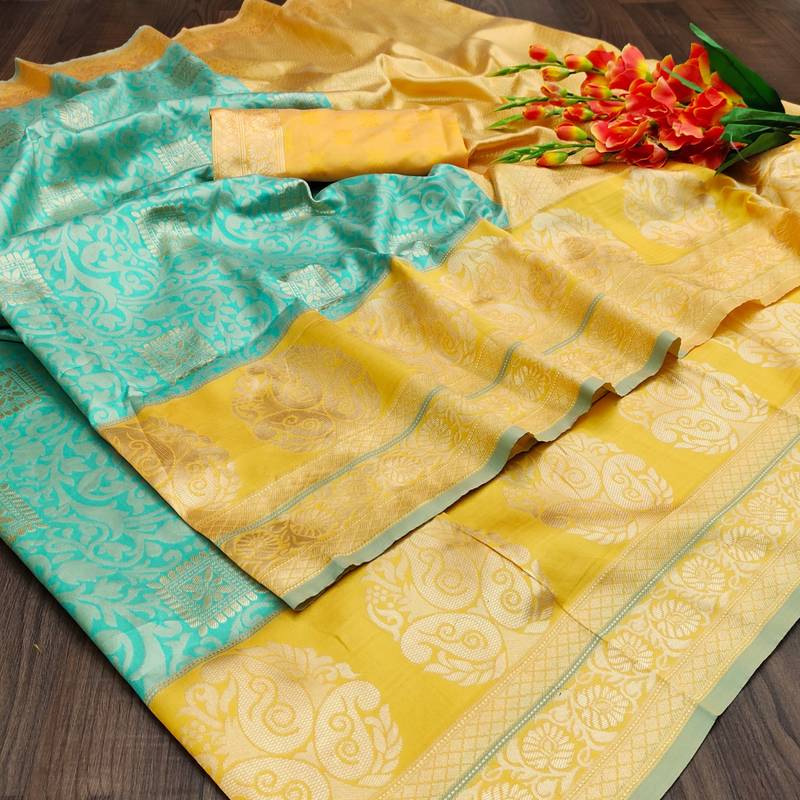 Teal silk embroidered saree with blouse