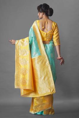Teal silk embroidered saree with blouse 3