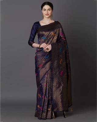 blue silk embroidered saree with blouse 1