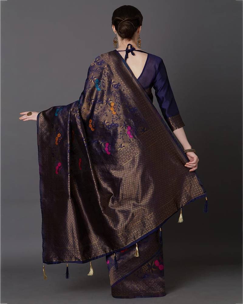 blue silk embroidered saree with blouse