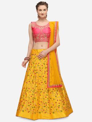 Yellow & Pink Embroidered Semi-Stitched Lehenga & Unstitched Blouse with Dupatta 1