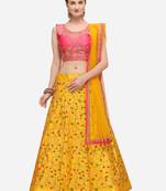 Yellow & Pink Embroidered Semi-Stitched Lehenga & Unstitched Blouse with Dupatta