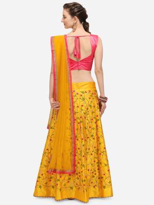 Yellow & Pink Embroidered Semi-Stitched Lehenga & Unstitched Blouse with Dupatta 2