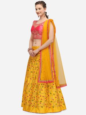 Yellow & Pink Embroidered Semi-Stitched Lehenga & Unstitched Blouse with Dupatta 3