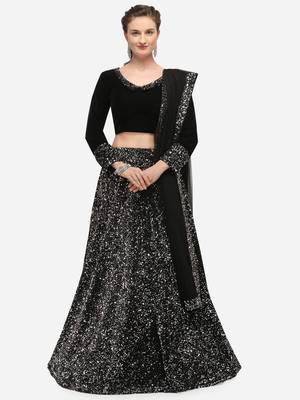 Black Fabric with Silver Sequence Embroidered Semi-Stitched Lehenga & Unstitched Blouse with Dupatta 1