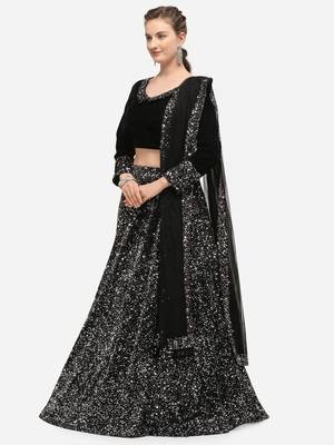 Black Fabric with Silver Sequence Embroidered Semi-Stitched Lehenga & Unstitched Blouse with Dupatta 3
