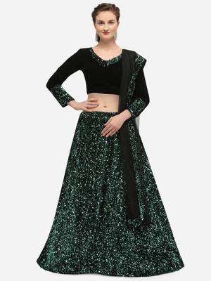 Black Fabric with Teal Sequence Embroidered Semi-Stitched Lehenga & Unstitched Blouse with Dupatta 1
