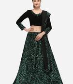 Black Fabric with Teal Sequence Embroidered Semi-Stitched Lehenga & Unstitched Blouse with Dupatta