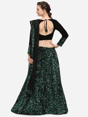 Black Fabric with Teal Sequence Embroidered Semi-Stitched Lehenga & Unstitched Blouse with Dupatta 2