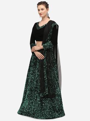 Black Fabric with Teal Sequence Embroidered Semi-Stitched Lehenga & Unstitched Blouse with Dupatta 3