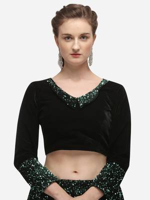 Black Fabric with Teal Sequence Embroidered Semi-Stitched Lehenga & Unstitched Blouse with Dupatta 4