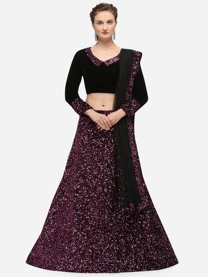 Black Fabric with Pink Sequence Embroidered Semi-Stitched Lehenga & Unstitched Blouse with Dupatta 1