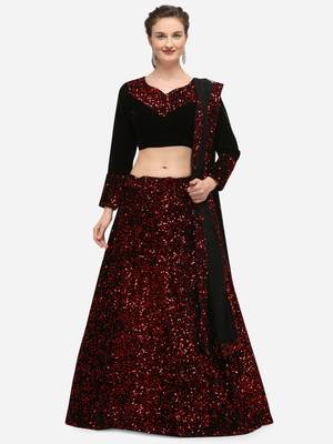 Black Fabric with Red Sequence Embroidered Semi-Stitched Lehenga & Unstitched Blouse with Dupatta 1