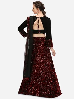 Black Fabric with Red Sequence Embroidered Semi-Stitched Lehenga & Unstitched Blouse with Dupatta 2
