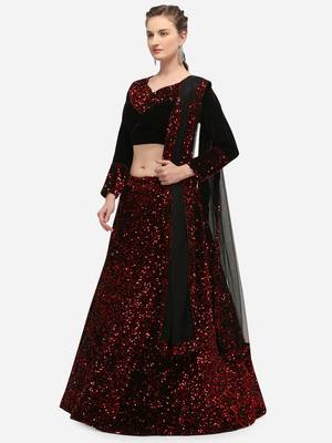 Black Fabric with Red Sequence Embroidered Semi-Stitched Lehenga & Unstitched Blouse with Dupatta 3