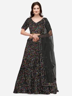 Black Fabric with Multi Sequinned Embroidered Semi-Stitched Lehenga & Unstitched Blouse with Dupatta 1