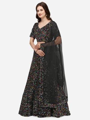 Black Fabric with Multi Sequinned Embroidered Semi-Stitched Lehenga & Unstitched Blouse with Dupatta 2