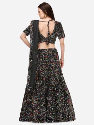 Black Fabric with Multi Sequinned Embroidered Semi-Stitched Lehenga & Unstitched Blouse with Dupatta 3