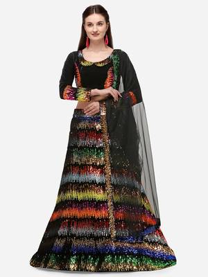 Black Fabric with Multi Sequinned Embroidered Semi-Stitched Lehenga & Unstitched Blouse with Dupatta 1