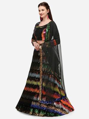 Black Fabric with Multi Sequinned Embroidered Semi-Stitched Lehenga & Unstitched Blouse with Dupatta 2