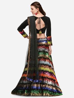 Black Fabric with Multi Sequinned Embroidered Semi-Stitched Lehenga & Unstitched Blouse with Dupatta 3