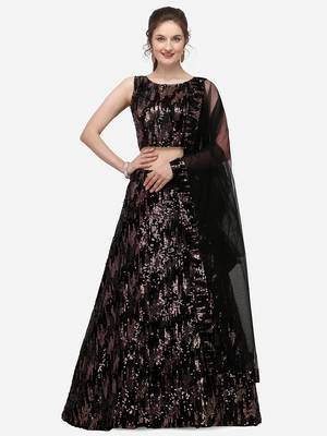 Black Fabric Copper Sequinned Embroidered Semi-Stitched Lehenga & Unstitched Blouse with Dupatta 1