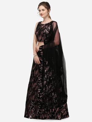 Black Fabric Copper Sequinned Embroidered Semi-Stitched Lehenga & Unstitched Blouse with Dupatta 2