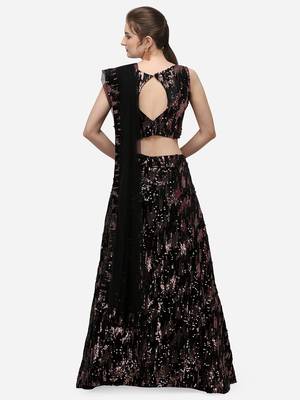 Black Fabric Copper Sequinned Embroidered Semi-Stitched Lehenga & Unstitched Blouse with Dupatta 3