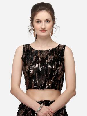 Black Fabric Copper Sequinned Embroidered Semi-Stitched Lehenga & Unstitched Blouse with Dupatta 4