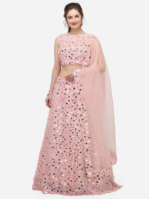 Peach Sequinned Embroidered Semi-Stitched Lehenga & Unstitched Blouse with Dupatta 1