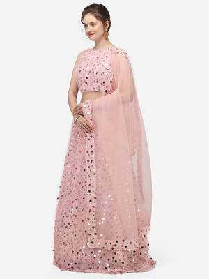 Peach Sequinned Embroidered Semi-Stitched Lehenga & Unstitched Blouse with Dupatta 2