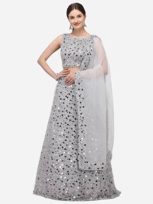 Grey Sequinned Embroidered Semi-Stitched Lehenga & Unstitched Blouse with Dupatta 1