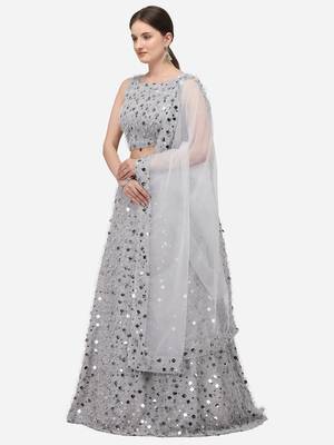 Grey Sequinned Embroidered Semi-Stitched Lehenga & Unstitched Blouse with Dupatta 2