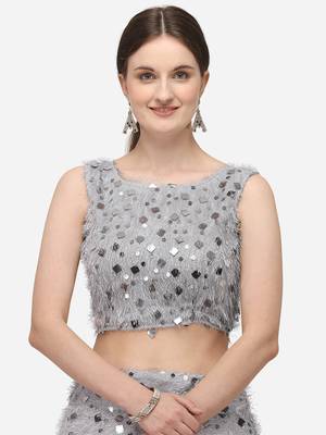 Grey Sequinned Embroidered Semi-Stitched Lehenga & Unstitched Blouse with Dupatta 4