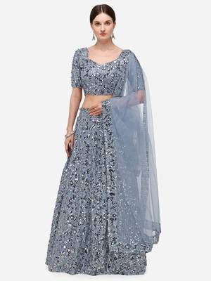 Grey Sequinned Embroidered Semi-Stitched Lehenga & Unstitched Blouse with Dupatta 1